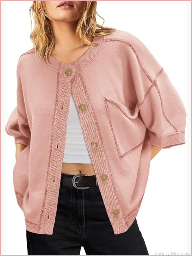 3/4 Sleeve Crewneck Sweatshirt Cardigan Button Front With Pockets